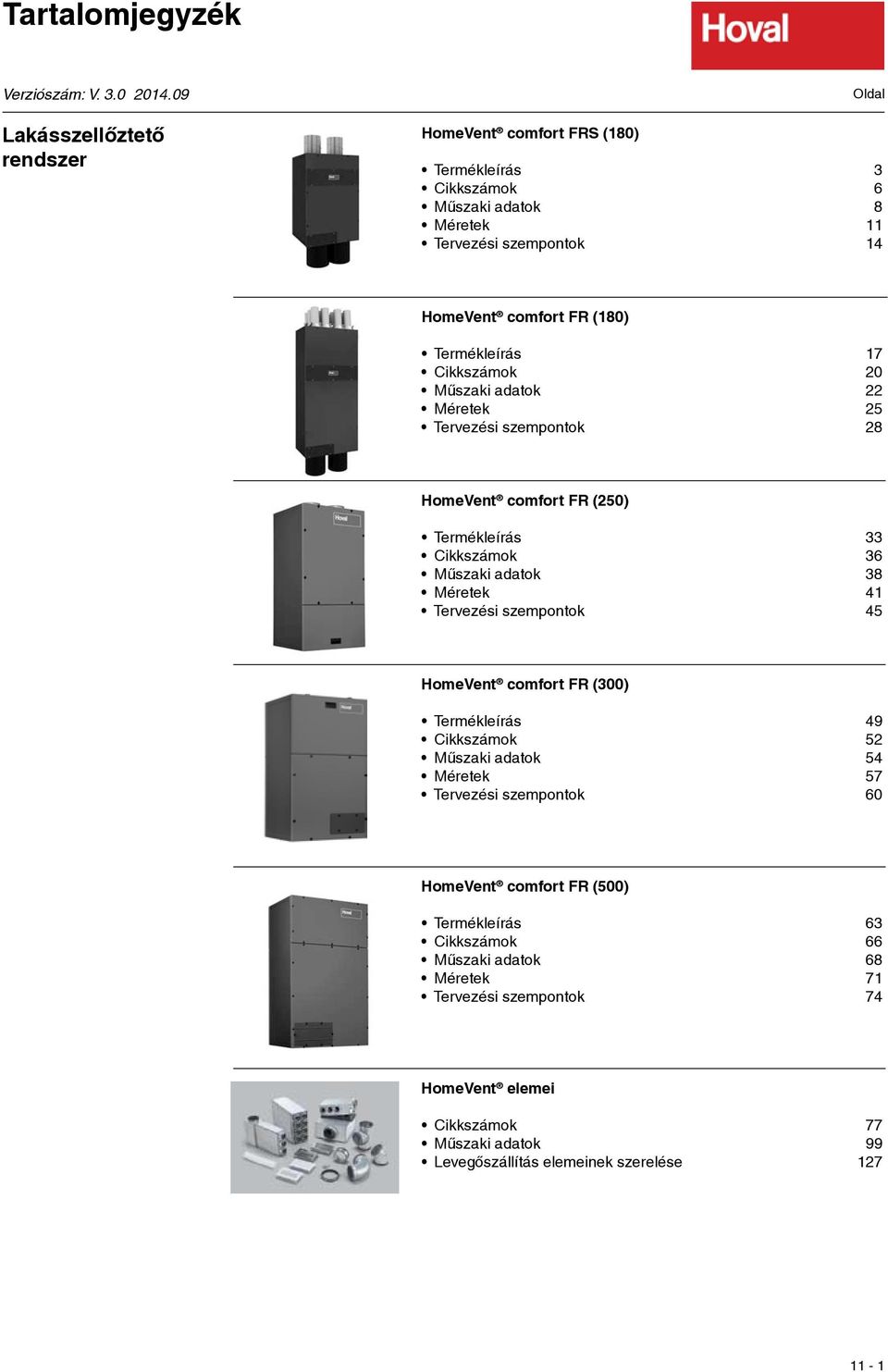 Termékleírás 17 Cikkszámok 20 Mûszaki adatok 22 Méretek 25 Tervezési szempontok 28 HomeVent comfort FR (250) Termékleírás 33 Cikkszámok 36 Mûszaki adatok 38 Méretek 41 Tervezési