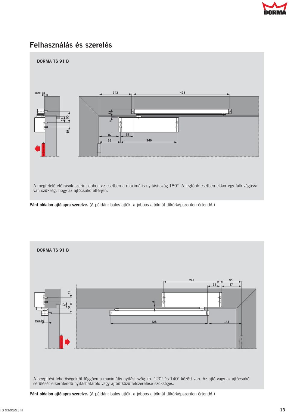 (A példán: balos ajtók, a jobbos ajtóknál tükörképszeru " en értendo ".) DORMA TS 91 B 29 55 95 87 27 50 19 max.