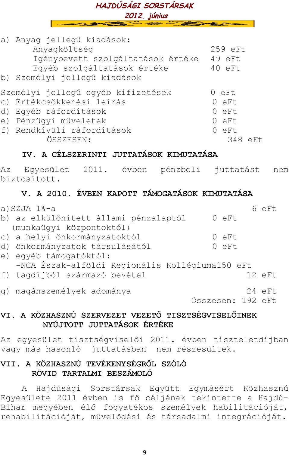 évben pénzbeli juttatást nem biztosított. V. A 2010.