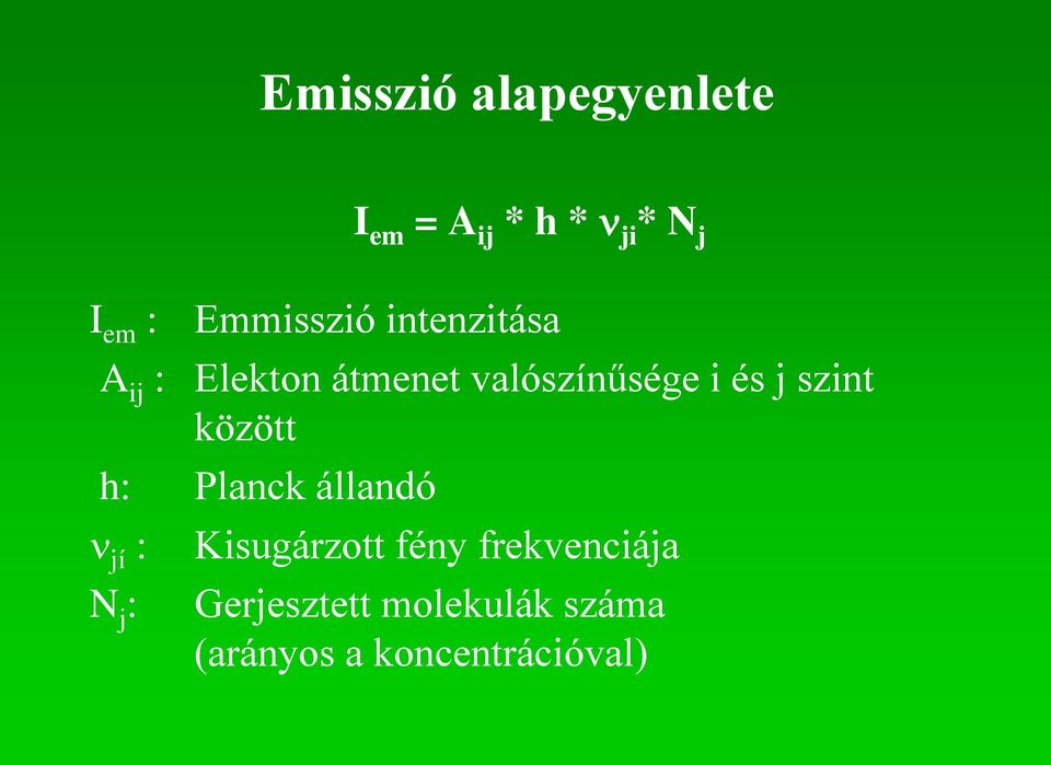 és j szint között h: Planck állandó jí : N j : Kisugárzott