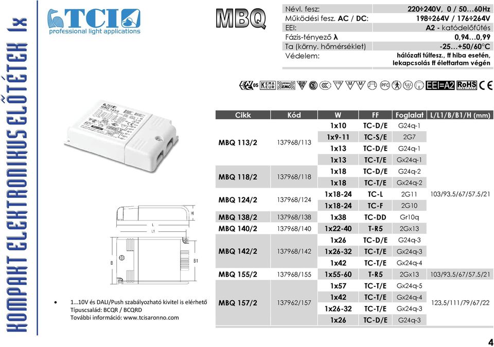 , ff hiba esetén, lekapcsolás ff élettartam végén Cikk Kód W FF Foglalat L/L1/B/B1/H (mm) 1x10 TC-D/E G24q-1 MBQ 113/2 137968/113 1x9-11 TC-S/E 2G7 1x13 TC-D/E G24q-1 1x13 TC-T/E Gx24q-1 MBQ 118/2