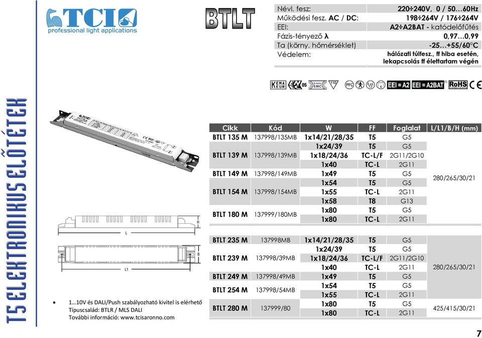 com Cikk Kód W FF Foglalat L/L1/B/H (mm) BTLT 135 M 137998/135MB 1x14/21/28/35 T5 G5 1x24/39 T5 G5 BTLT 139 M 137998/139MB 1x18/24/36 TC-L/F 2G11/2G10 1x40 TC-L 2G11 BTLT 149 M 137998/149MB 1x49 T5