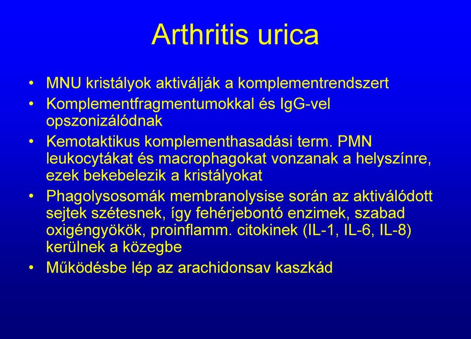 PMN leukocytákat és macrophagokat vonzanak a helyszínre, ezek bekebelezik a kristályokat Phagolysosomák