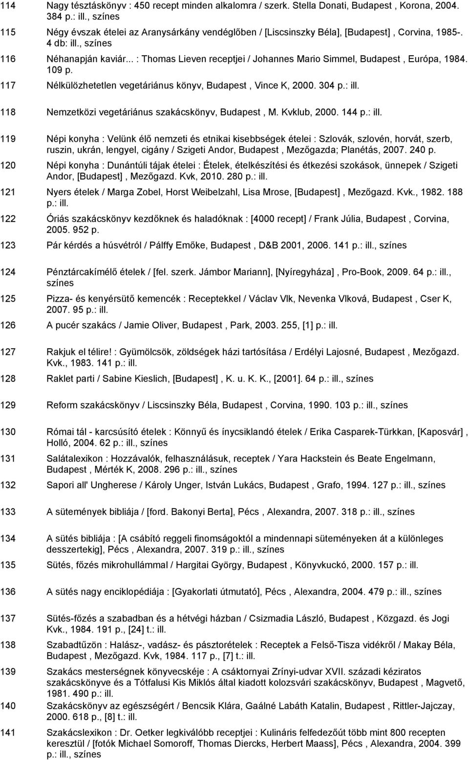 .. : Thomas Lieven receptjei / Johannes Mario Simmel, Budapest, Európa, 1984. 109 p. 117 Nélkülözhetetlen vegetáriánus könyv, Budapest, Vince K, 2000. 304 p.