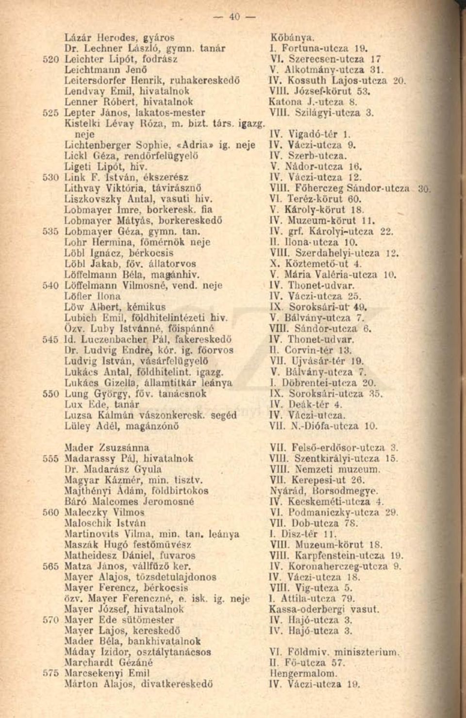 társ. igazg. neje Lichtenberger Sophie, «Adria» ig. neje Lickl Géza, rendőrfelügyelő Ligeti Lipót, hiv. 530 Link F. István, ékszerész Lithvay Viktória, távirásznő Liszkovszky Antal, vasúti hiv.