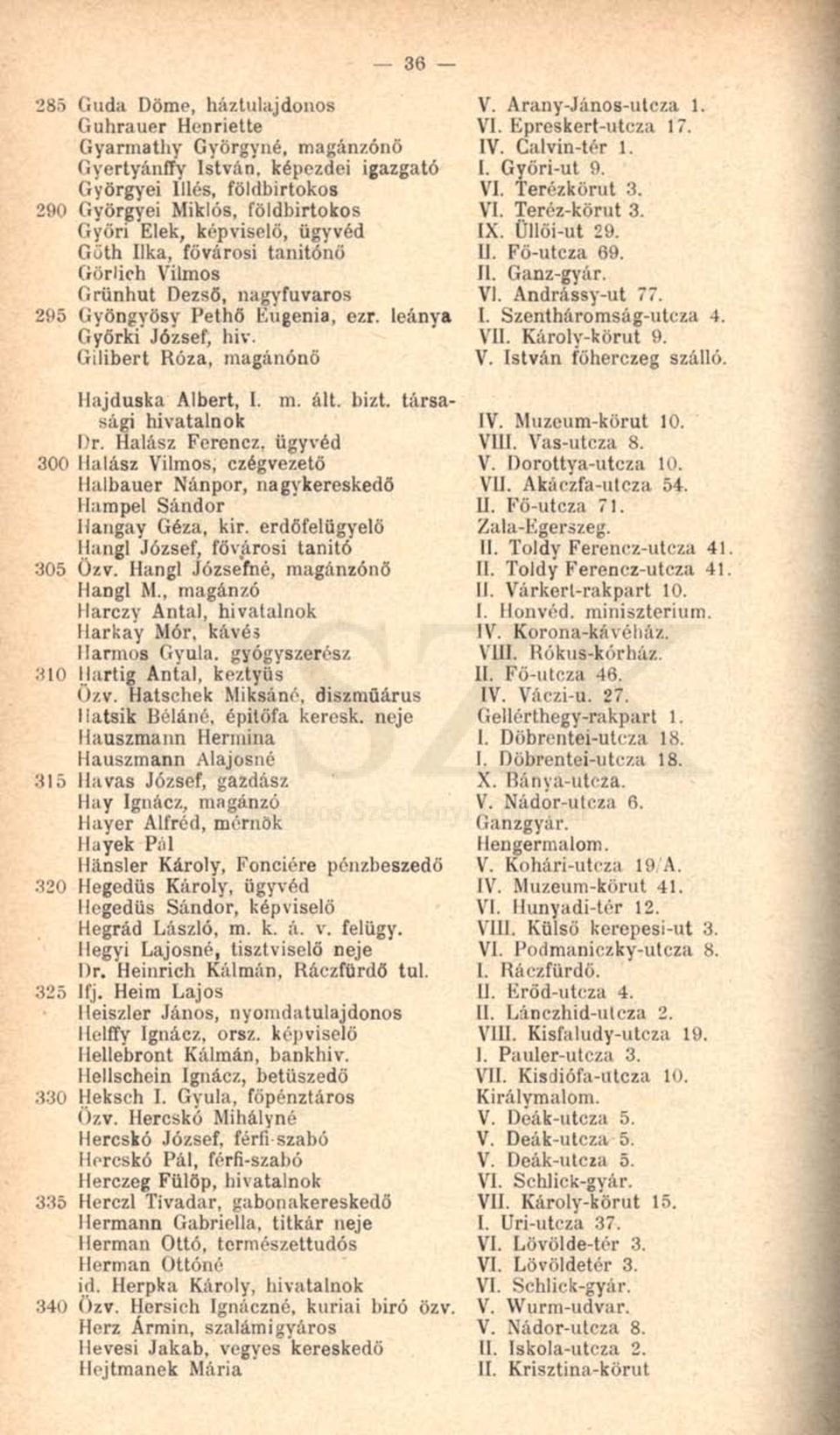 VI. Epreskert-utcza 17. IV. Calvin-tér 1. I. Győri-ut 9. VI. Terézkörut 3. VI. Teréz-körut 3. IX. Üllői-ut 29. II. Fő-utcza 69. II. Ganz-gyár. VI. Andrássy-ut 77. I. Szentháromság-utcza 4. VII.