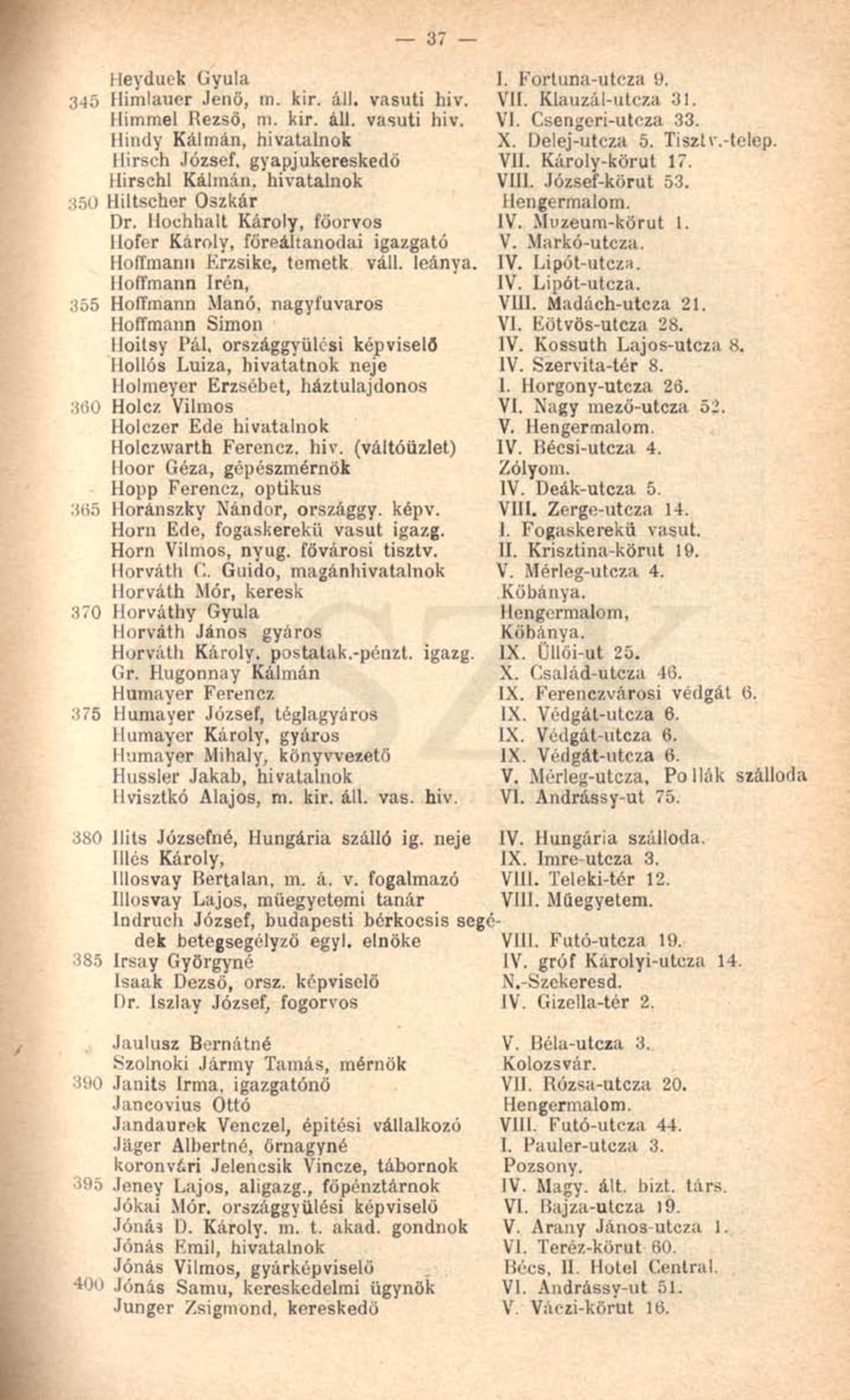 Hoffmann Irén, 355 Hoffmann Manó, nagyfuvaros Hoffmann Simon Hoilsy Pál, országgyűlési képviselő Hollós Luiza, hivatatnok neje Holmeyer Erzsébet, háztulajdonos 360 Holcz Vilmos Holczer Ede hivatalnok