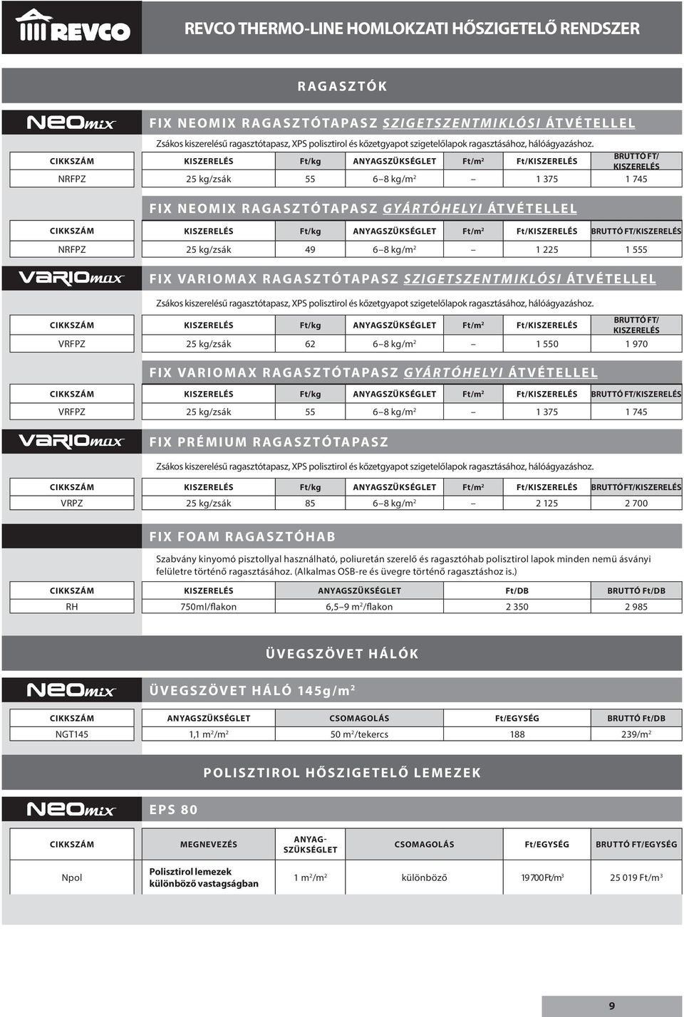 CIKKSZÁM KISZERELÉS Ft/kg ANYAGSZÜKSÉGLET Ft/m 2 Ft/KISZERELÉS BRUTTÓ FT/ KISZERELÉS NRFPZ 25 kg/zsák 55 6 8 kg/m 2 1 375 1 745 FIX NEOMIX RAGASZTÓTAPASZ GYÁRTÓHELYI ÁTVÉTELLEL CIKKSZÁM KISZERELÉS