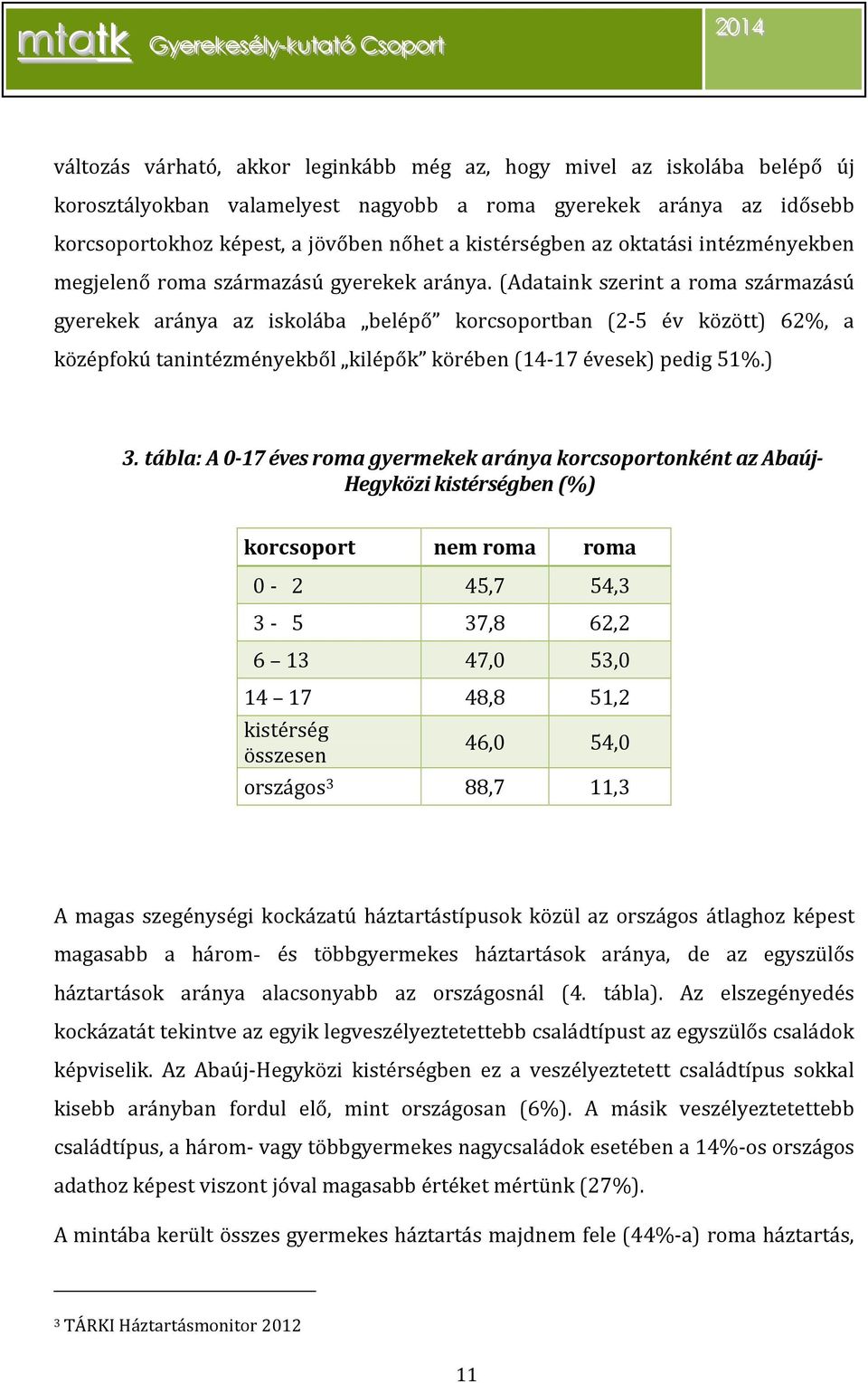 (Adataink szerint a roma származású gyerekek aránya az iskolába belépő korcsoportban (2-5 év között) 62%, a középfokú tanintézményekből kilépők körében (14-17 évesek) pedig 51%.) 3.