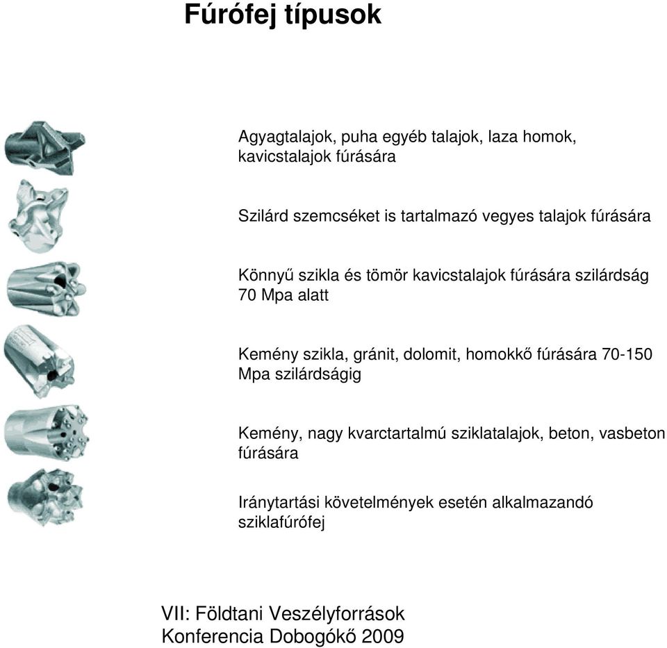 szilárdság 70 Mpa alatt Kemény szikla, gránit, dolomit, homokkı fúrására 70-150 Mpa szilárdságig