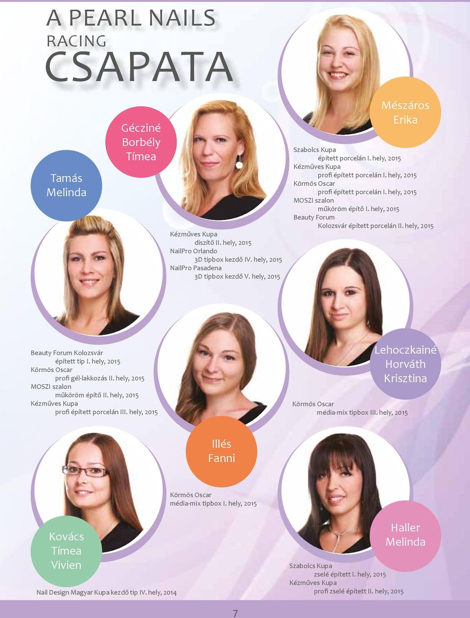 hely, 2015 MOSZI szalon műköröm építő I. hely, 2015 Beauty Forum Kolozsvár épített porcelán II. hely, 2015 Beauty Forum Kolozsvár épített tip I. hely, 2015 Körmös Oscar profi gél-lakkozás II.