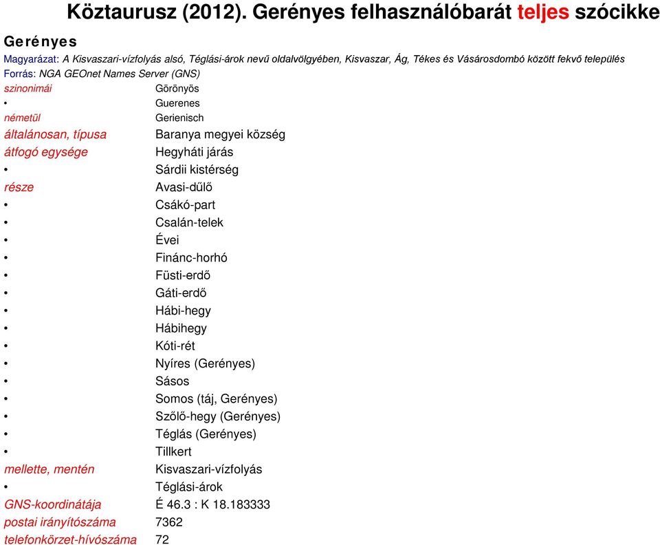 település Forrás: NGA GEOnet Names Server (GNS) szinonimái Görönyös Guerenes németül Gerienisch általánosan, típusa Baranya megyei község átfogó egysége Hegyháti járás Sárdii