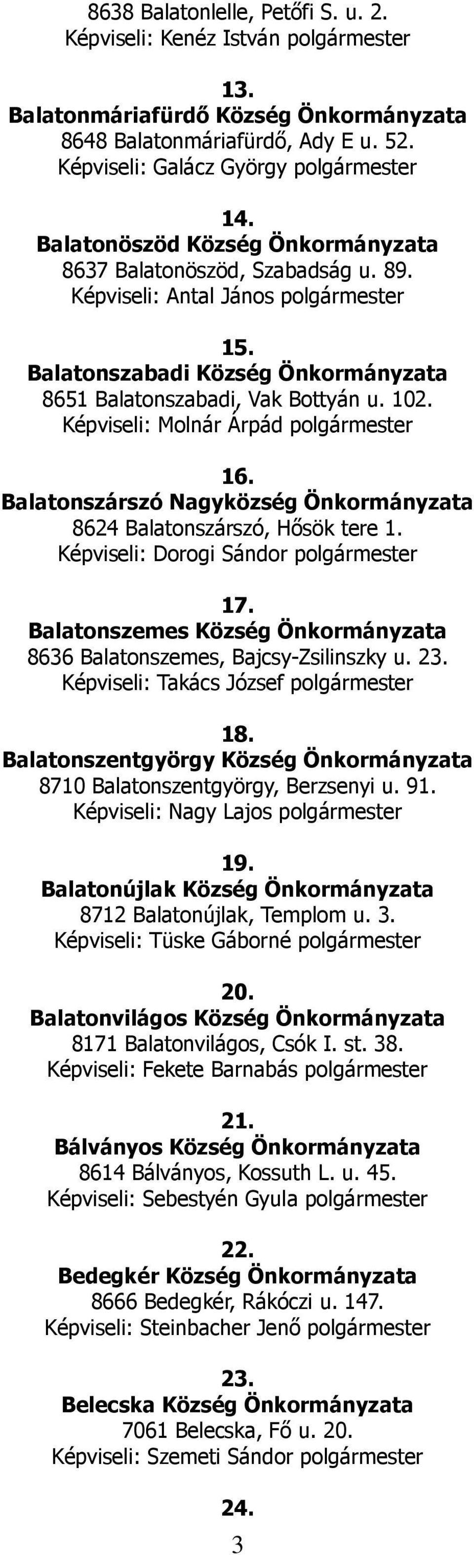 Balatonszárszó Nagyközség 8624 Balatonszárszó, Hősök tere 1. Képviseli: Dorogi Sándor polgármester 17. Balatonszemes Község 8636 Balatonszemes, Bajcsy-Zsilinszky u. 23.