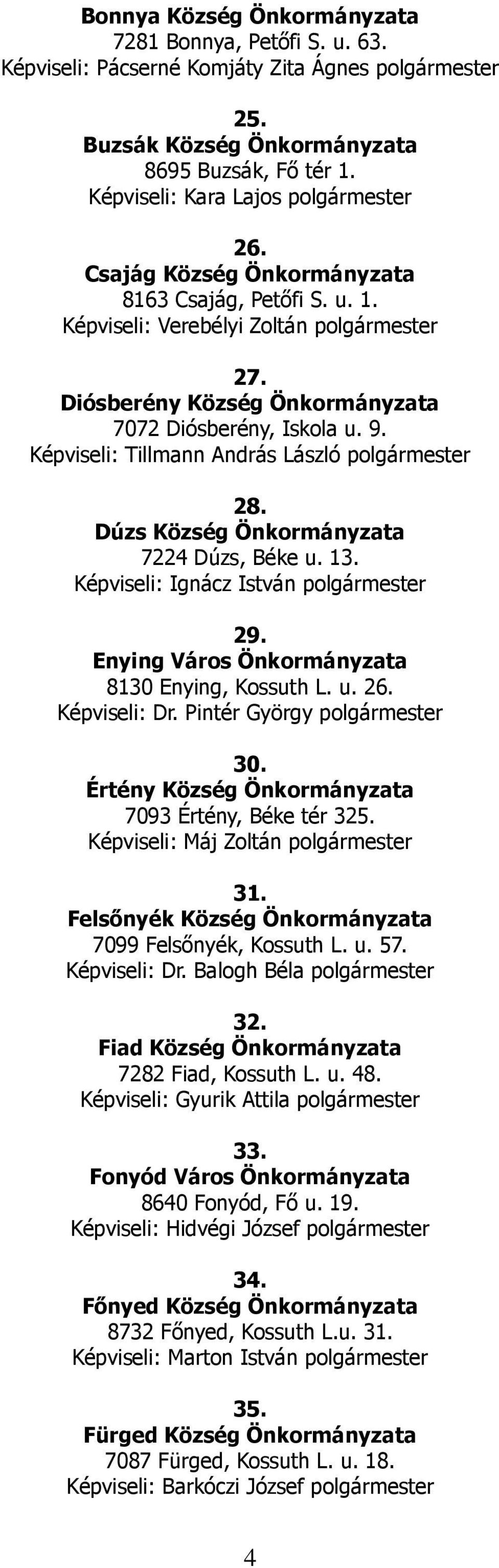 Dúzs Község 7224 Dúzs, Béke u. 13. Képviseli: Ignácz István polgármester 29. Enying Város 8130 Enying, Kossuth L. u. 26. Képviseli: Dr. Pintér György polgármester 30.