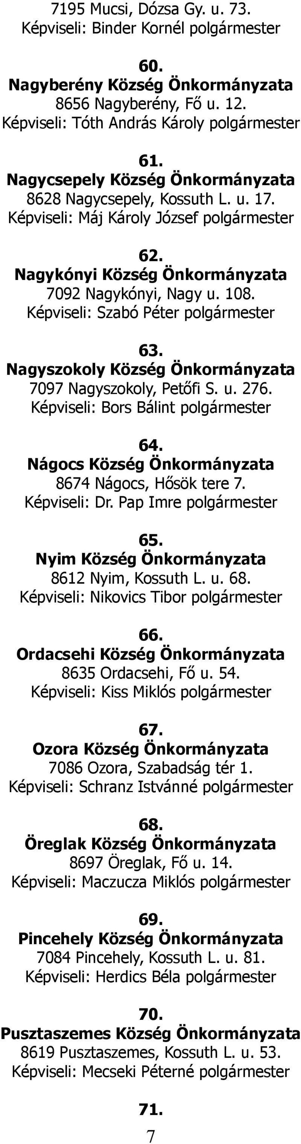 Nagyszokoly Község 7097 Nagyszokoly, Petőfi S. u. 276. Képviseli: Bors Bálint polgármester 64. Nágocs Község 8674 Nágocs, Hősök tere 7. Képviseli: Dr. Pap Imre polgármester 65.