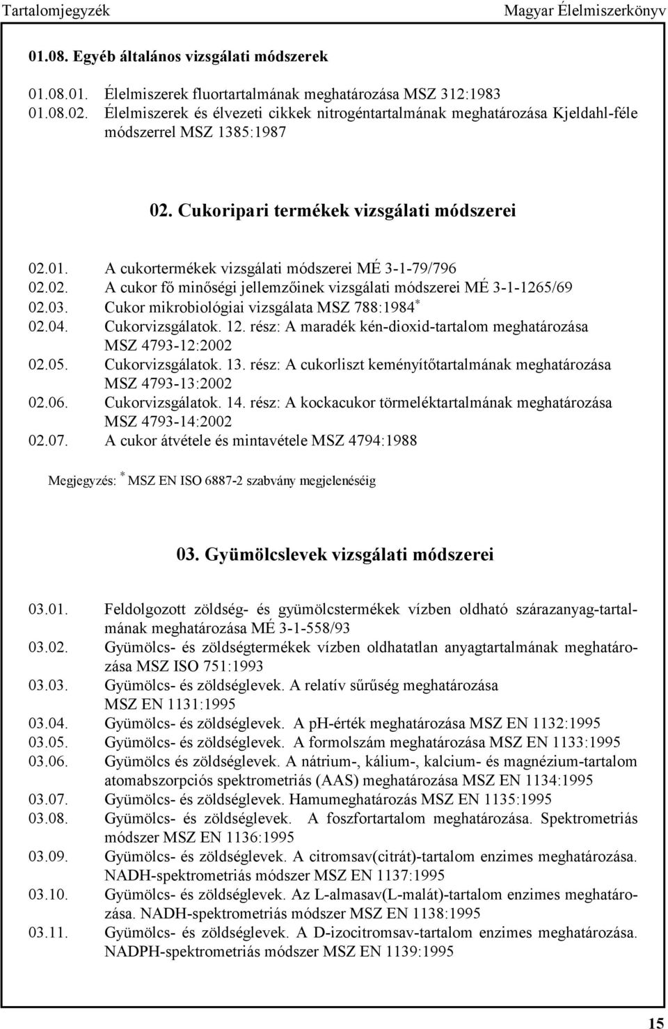 A cukortermékek vizsgálati módszerei MÉ 3-1-79/796 02.02. A cukor fő minőségi jellemzőinek vizsgálati módszerei MÉ 3-1-1265/69 02.03. Cukor mikrobiológiai vizsgálata MSZ 788:1984 02.04.