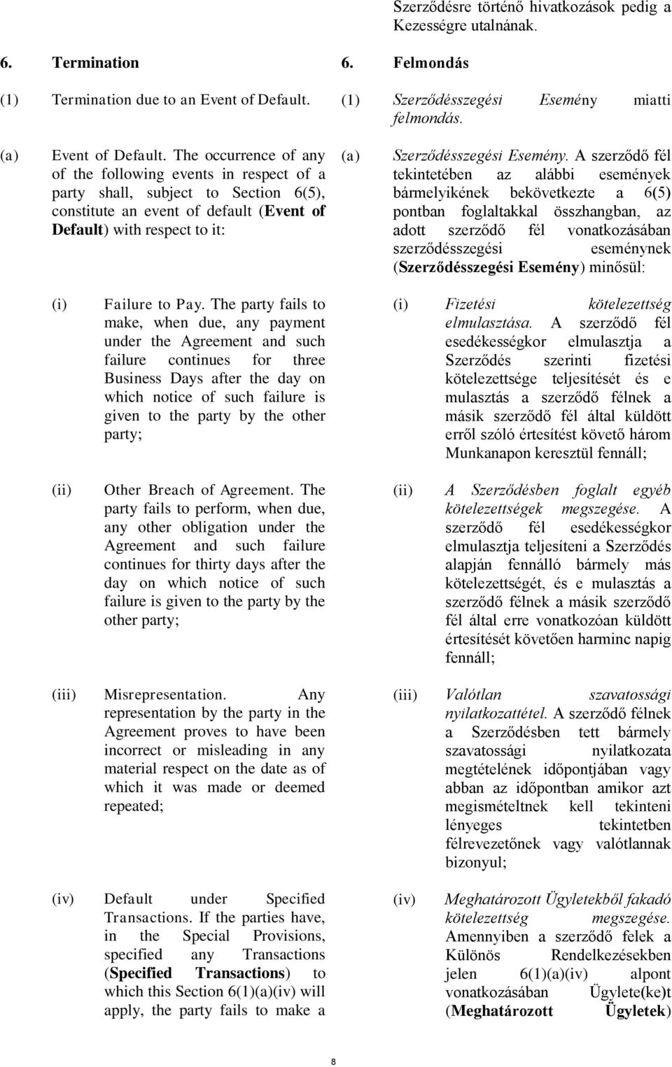 The occurrence of any of the following events in respect of a party shall, subject to Section 6(5), constitute an event of default (Event of Default) with respect to it: (a) Szerződésszegési Esemény.