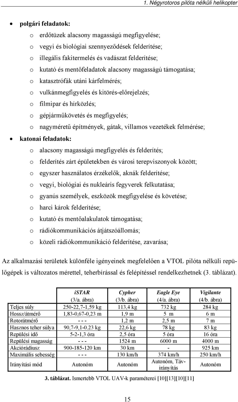 megfigyelés; o nagyméretű építmények, gátak, villamos vezetékek felmérése; katonai feladatok: o alacsony magasságú megfigyelés és felderítés; o felderítés zárt épületekben és városi terepviszonyok