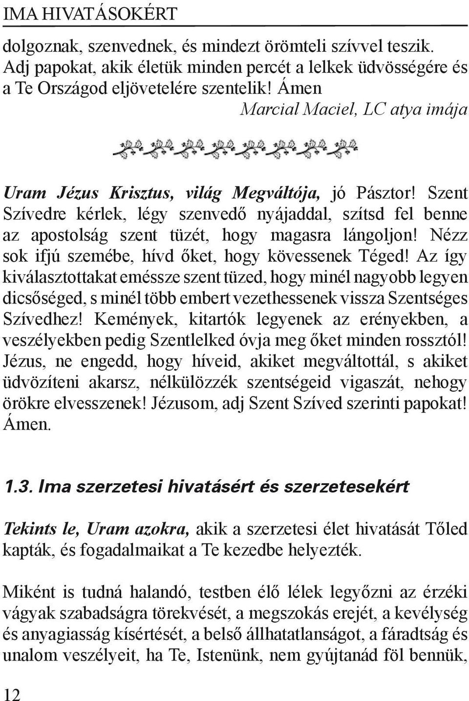 Szent Szívedre kérlek, légy szenvedő nyájaddal, szítsd fel benne az apostolság szent tüzét, hogy magasra lángoljon! Nézz sok ifjú szemébe, hívd őket, hogy kövessenek Téged!