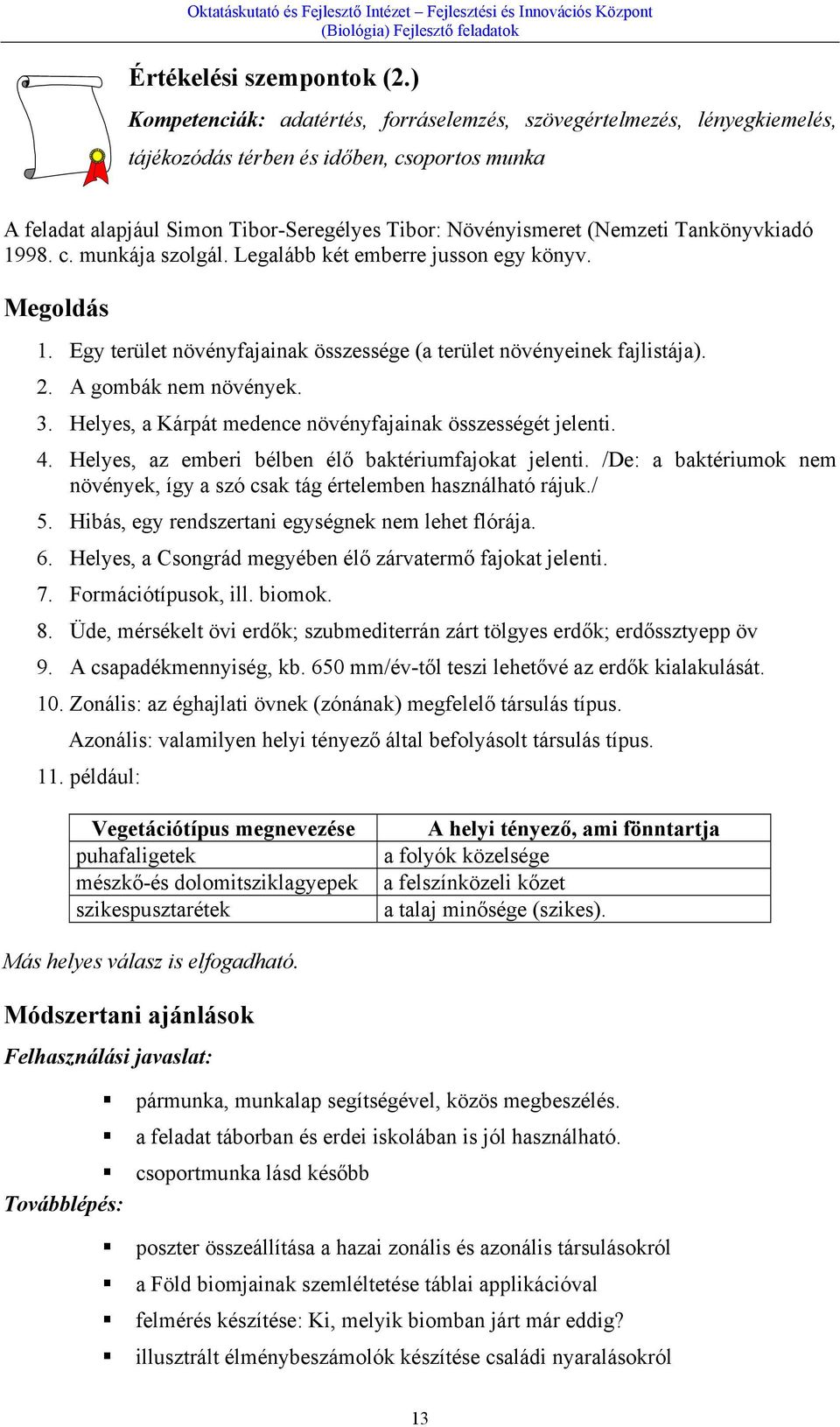 Tankönyvkiadó 1998. c. munkája szolgál. Legalább két emberre jusson egy könyv. Megoldás 1. Egy terület növényfajainak összessége (a terület növényeinek fajlistája). 2. A gombák nem növények. 3.