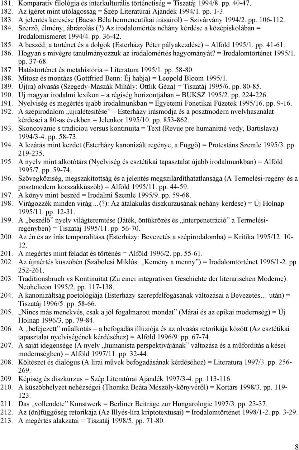 pp. 36-42. 185. A beszéd, a történet és a dolgok (Esterházy Péter pályakezdése) = Alföld 1995/1. pp. 41-61. 186. Hogyan s mivégre tanulmányozzuk az irodalomértés hagyományát?