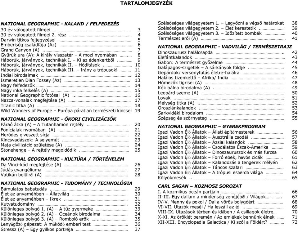 Irány a trópusok! 11 Indiai birodalmak 12 Ismeretlen Dian Fossey (Az) 13 Nagy felfedezők 14 Nagy inka felkelés (A) 15 National Geographic fotósai (A).