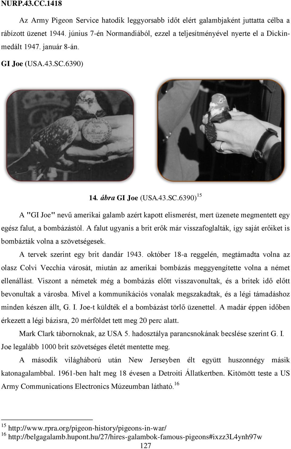 6390) 14. ábra GI Joe (USA.43.SC.6390) 15 A "GI Joe" nevű amerikai galamb azért kapott elismerést, mert üzenete megmentett egy egész falut, a bombázástól.