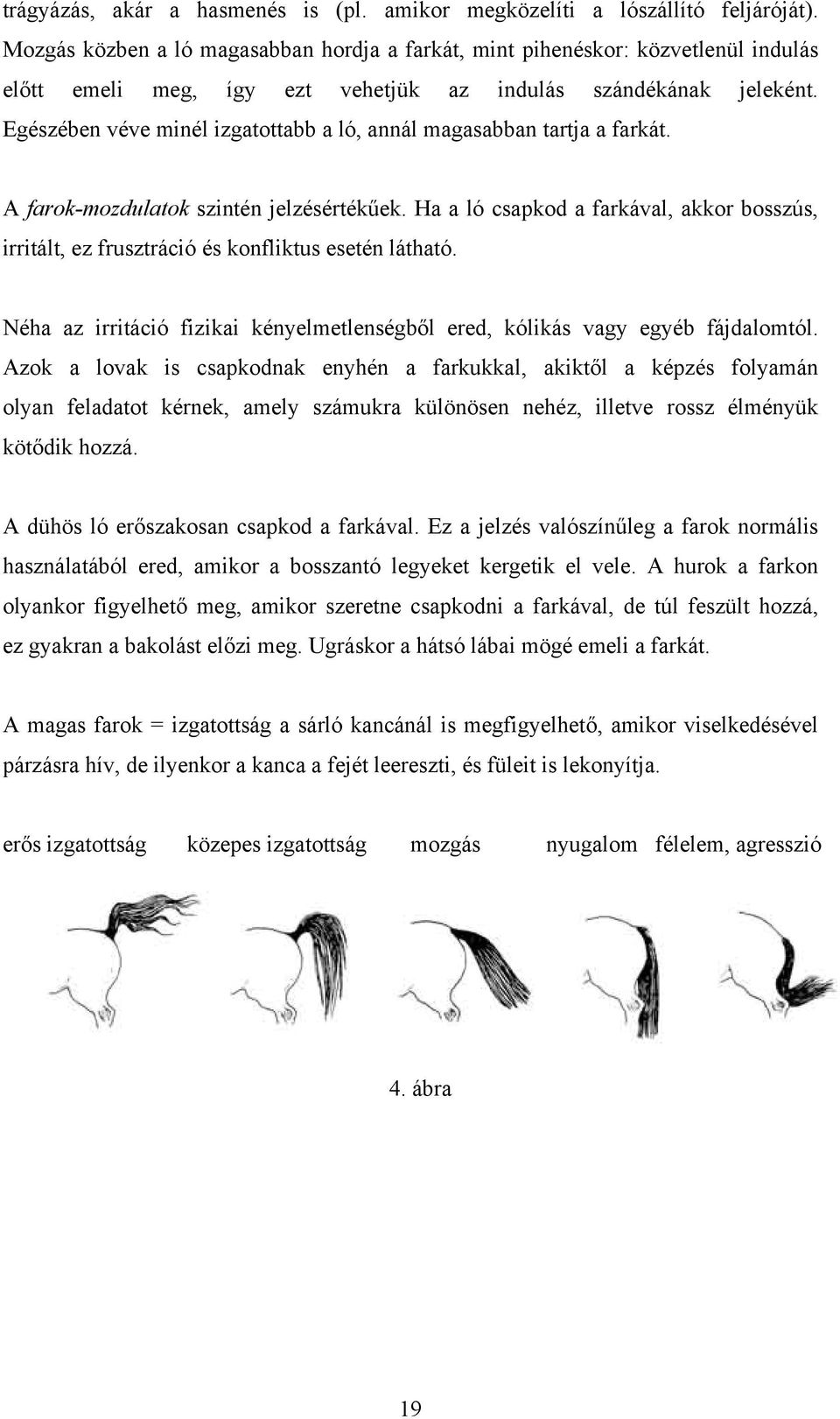 Egészében véve minél izgatottabb a ló, annál magasabban tartja a farkát. A farok-mozdulatok szintén jelzésértékűek.