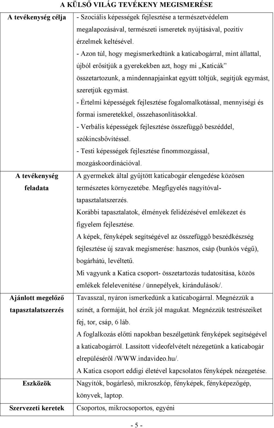 egymást. - Értelmi képességek fejlesztése fogalomalkotással, mennyiségi és formai ismeretekkel, összehasonlításokkal. - Verbális képességek fejlesztése összefüggő beszéddel, szókincsbővítéssel.