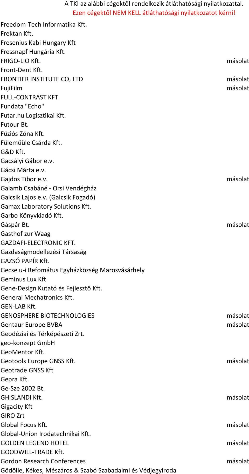 v. (Galcsik Fogadó) Gamax Laboratory Solutions Kft. Garbo Könyvkiadó Kft. Gáspár Bt. Gasthof zur Waag GAZDAFI-ELECTRONIC KFT. Gazdaságmodellezési Társaság GAZSÓ PAPÍR Kft.