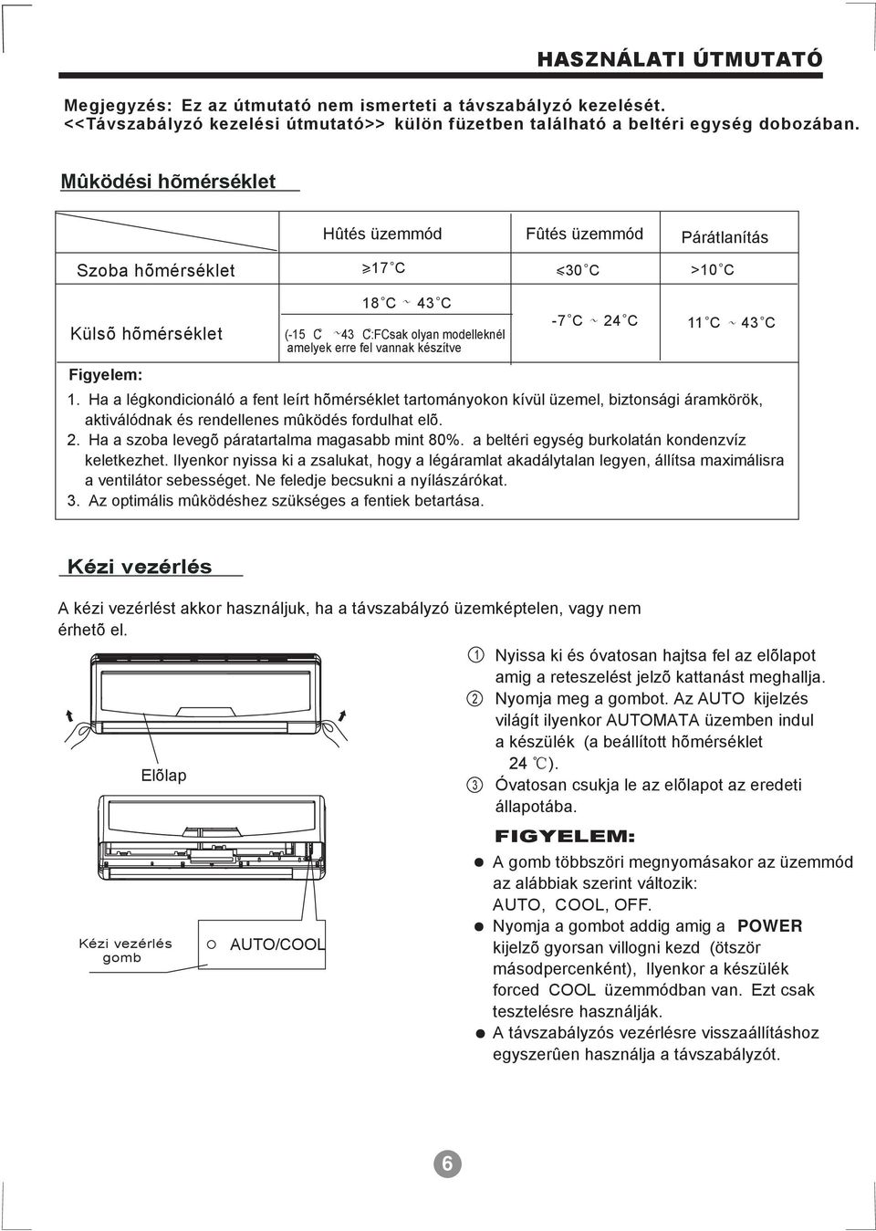 ~ 24 C C ~ 43 C Figyelem:. Ha a légkondicionáló a fent leírt hõmérséklet tartományokon kívül üzemel, biztonsági áramkörök, aktiválódnak és rendellenes mûködés fordulhat elõ. 2. Ha a szoba levegõ páratartalma magasabb mint 80%.