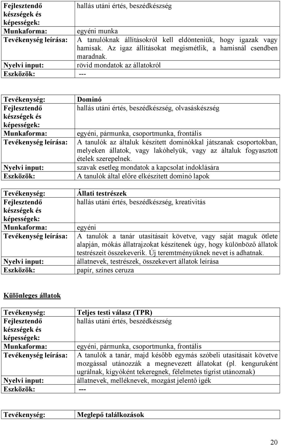 Nyelvi input: rövid mondatok az állatokról --- Tevékenység: Fejlesztendő : Tevékenység leírása: Nyelvi input: Tevékenység: Fejlesztendő : Tevékenység leírása: Nyelvi input: Dominó hallás utáni értés,