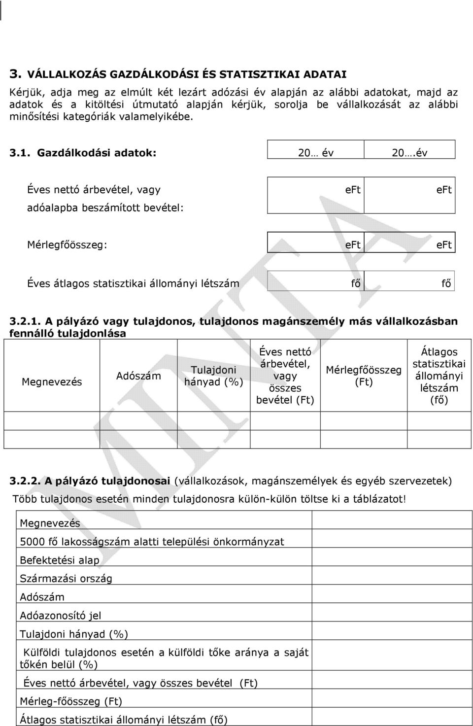 év Éves nettó árbevétel, vagy adóalapba beszámított bevétel: eft eft Mérlegfőösszeg: eft eft Éves átlagos statisztikai állományi létszám fő fő 3.2.1.