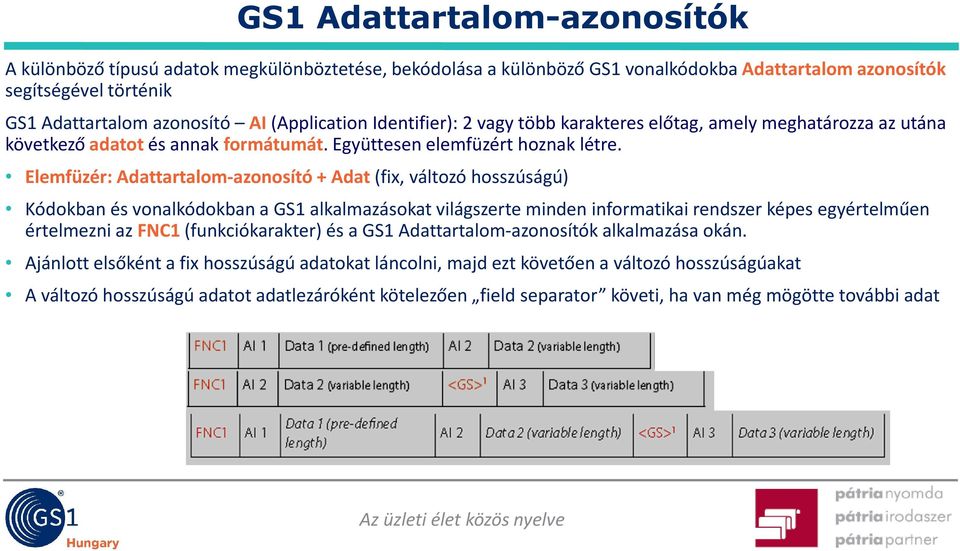 Elemfüzér: Adattartalom-azonosító + Adat (fix, változó hosszúságú) Kódokban és vonalkódokban a GS1 alkalmazásokat világszerte minden informatikai rendszer képes egyértelműen értelmezni az
