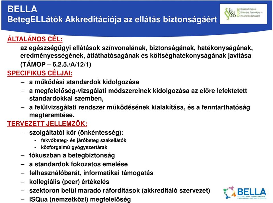 /A/12/1) SPECIFIKUS CÉLJAI: a működési standardok kidolgozása a megfelelőség-vizsgálati módszereinek kidolgozása az előre lefektetett standardokkal szemben, a felülvizsgálati rendszer működésének