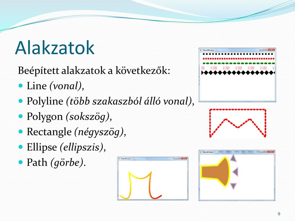 álló vonal), Polygon (sokszög), Rectangle