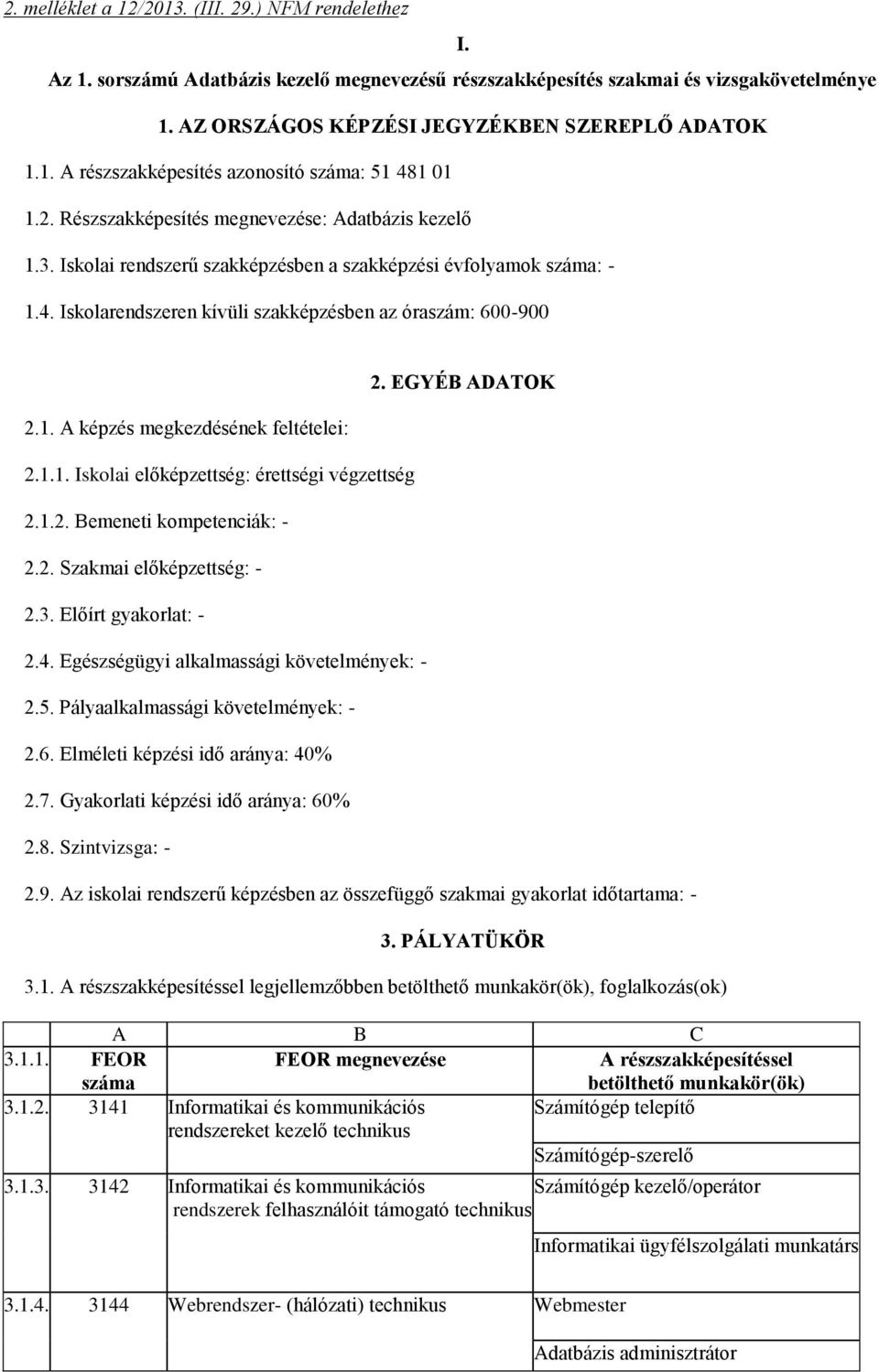 1.1. Iskolai előképzettség: érettségi végzettség 2.1.2. Bemeneti kompetenciák: - 2.2. Szakmai előképzettség: - 2.3. Előírt gyakorlat: - 2.4. Egészségügyi alkalmassági követelmények: - 2.5.