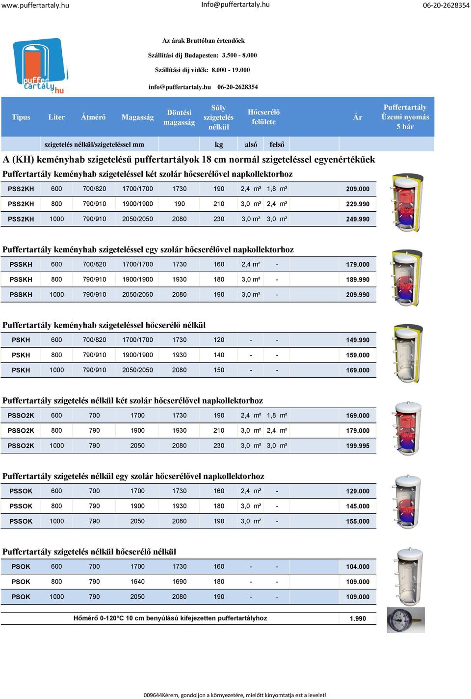 990 Puffertartály keményhab sel egy szolár hőcserélővel napkollektorhoz PSSKH 600 700/820 1700/1700 1730 160 2,4 m² - 179.000 PSSKH 800 790/910 1900/1900 1930 180 3,0 m² - 189.
