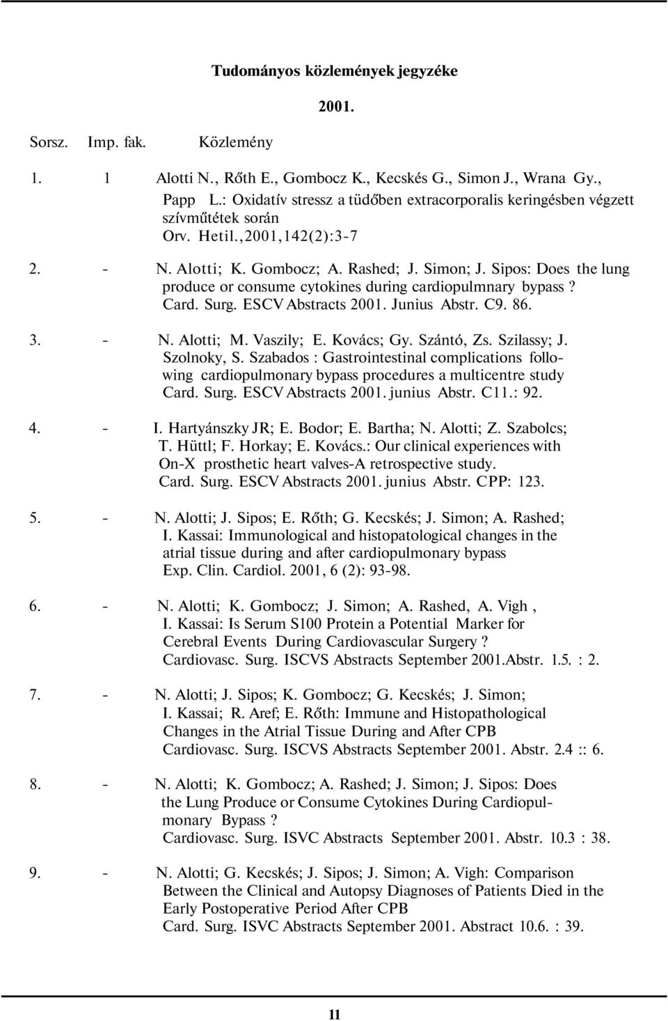 Sipos: Does the lung produce or consume cytokines during cardiopulmnary bypass? Card. Surg. ESCV Abstracts 2001. Junius Abstr. C9. 86. 3. - N. Alotti; M. Vaszily; E. Kovács; Gy. Szántó, Zs.