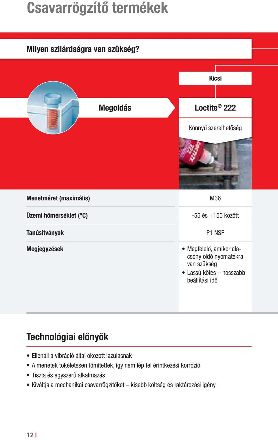között P1 NSF Megfelelő, amikor alacsony oldó nyomatékra van szükség Lassú kötés hosszabb beállítási idő Technológiai előnyök Ellenáll