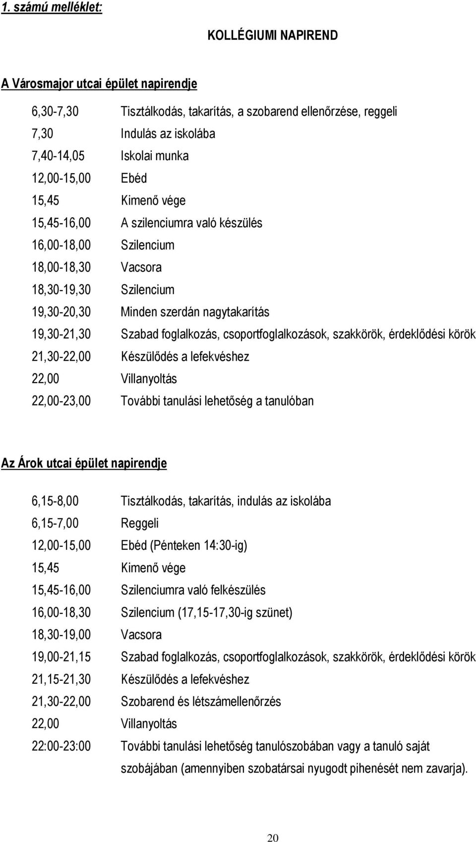 Szabad foglalkozás, csoportfoglalkozások, szakkörök, érdeklődési körök 21,30-22,00 Készülődés a lefekvéshez 22,00 Villanyoltás 22,00-23,00 További tanulási lehetőség a tanulóban Az Árok utcai épület