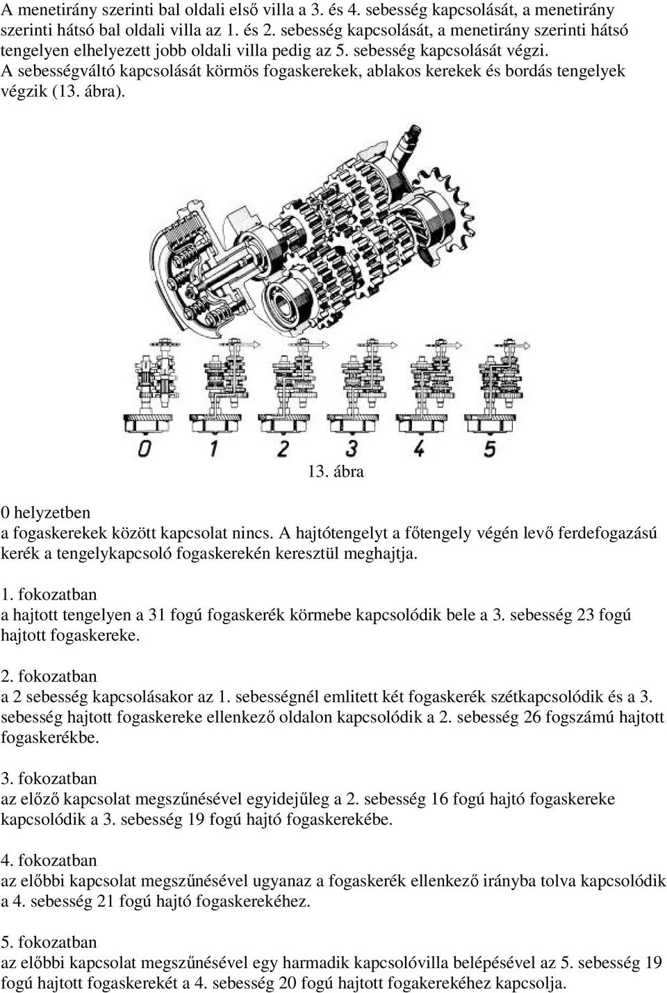 A sebességváltó kapcsolását körmös fogaskerekek, ablakos kerekek és bordás tengelyek végzik (13. ábra). 13. ábra 0 helyzetben a fogaskerekek között kapcsolat nincs.