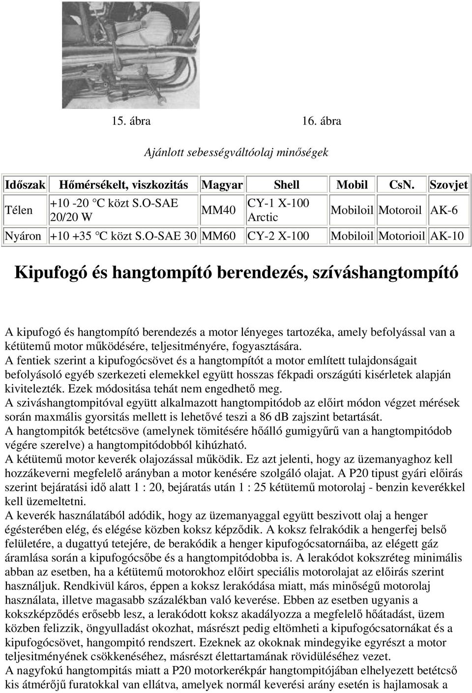 O-SAE 30 MM60 CY-2 X-100 Mobiloil Motoroil AK-6 Mobiloil Motorioil AK-10 Kipufogó és hangtompító berendezés, szíváshangtompító A kipufogó és hangtompító berendezés a motor lényeges tartozéka, amely