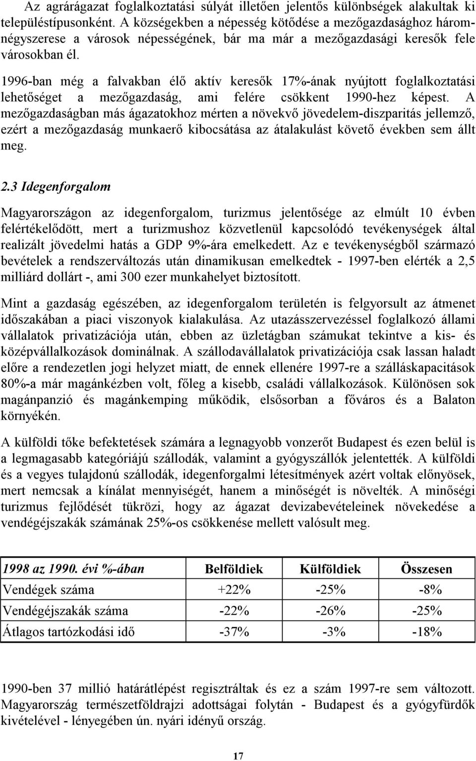 1996-ban még a falvakban élő aktív keresők 17%-ának nyújtott foglalkoztatási lehetőséget a mezőgazdaság, ami felére csökkent 1990-hez képest.