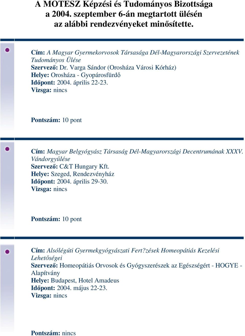 Varga Sándor (Orosháza Városi Kórház) Helye: Orosháza - Gyopárosfürdő Időpont: 2004. április 22-23. Cím: Magyar Belgyógyász Társaság Dél-Magyarországi Decentrumának XXXV.