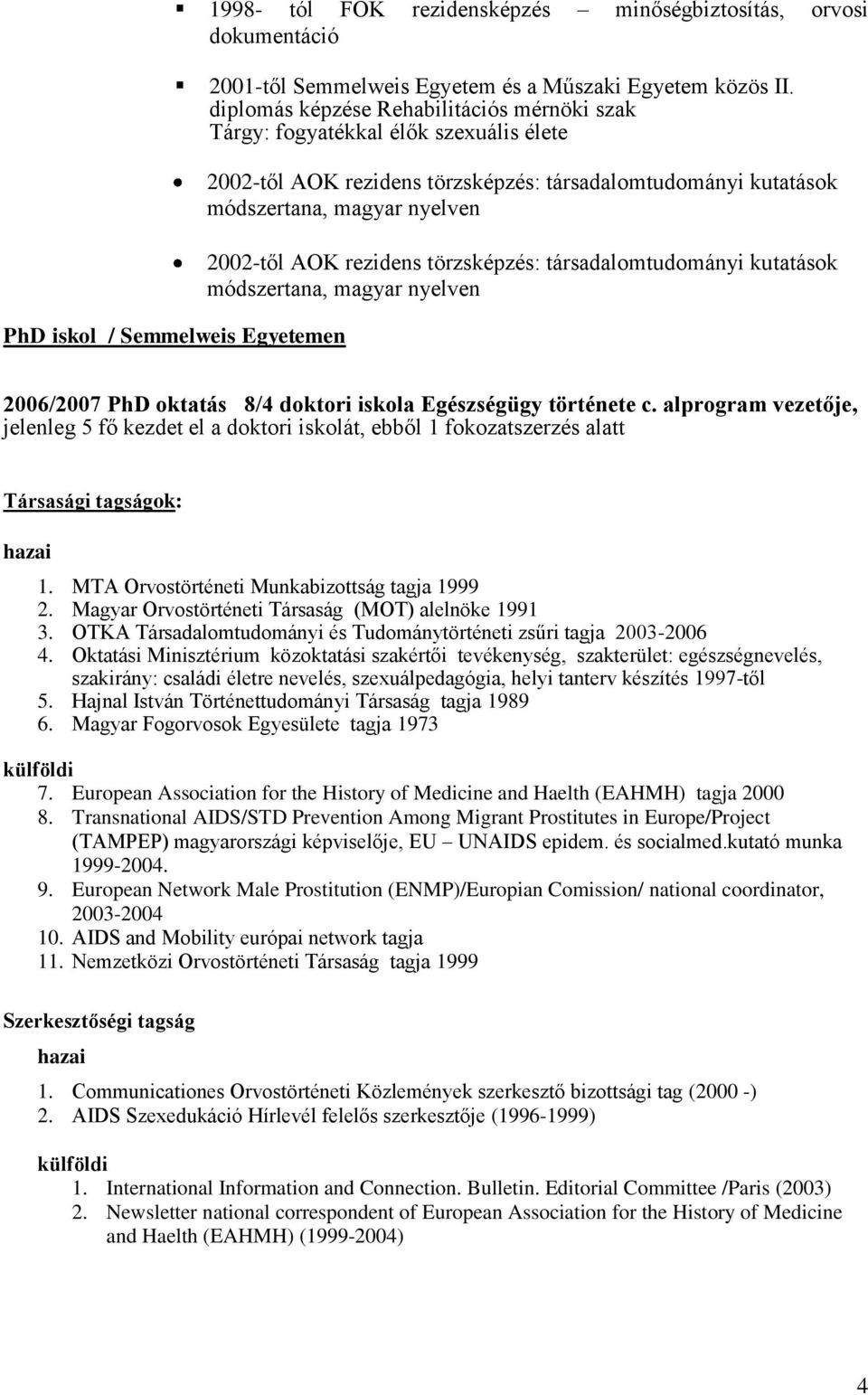 törzsképzés: társadalomtudományi kutatások módszertana, magyar nyelven 2006/2007 PhD oktatás 8/4 doktori iskola Egészségügy története c.