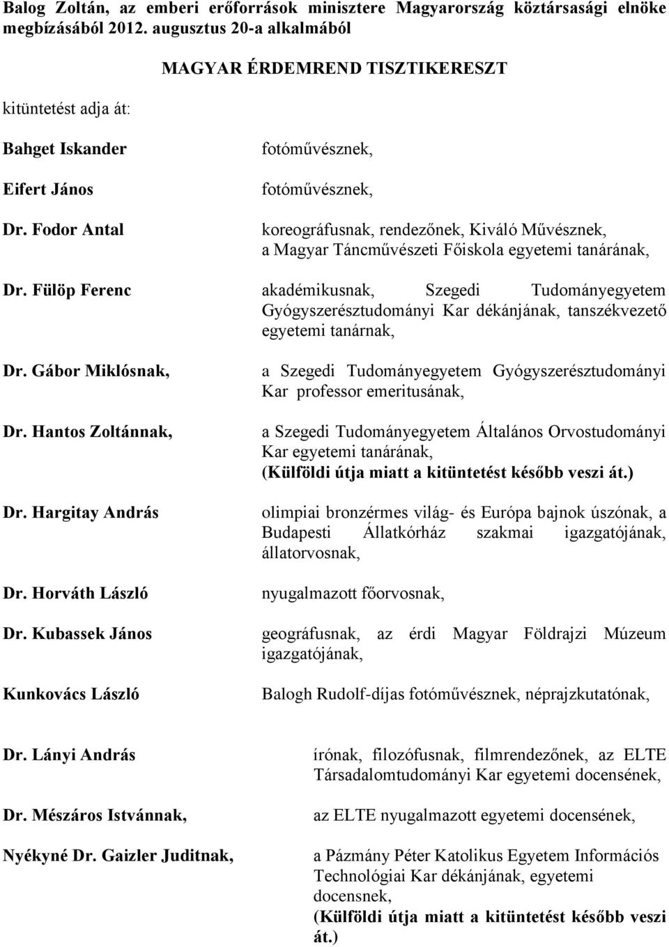 Fülöp Ferenc akadémikusnak, Szegedi Tudományegyetem Gyógyszerésztudományi Kar dékánjának, tanszékvezető egyetemi tanárnak, Dr. Gábor Miklósnak, Dr. Hantos Zoltánnak, Dr. Hargitay András Dr.