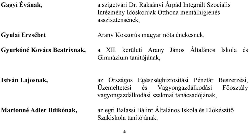 XII. kerületi Arany János Általános Iskola és Gimnázium tanítójának, István Lajosnak, Martonné Adler Ildikónak, az Országos