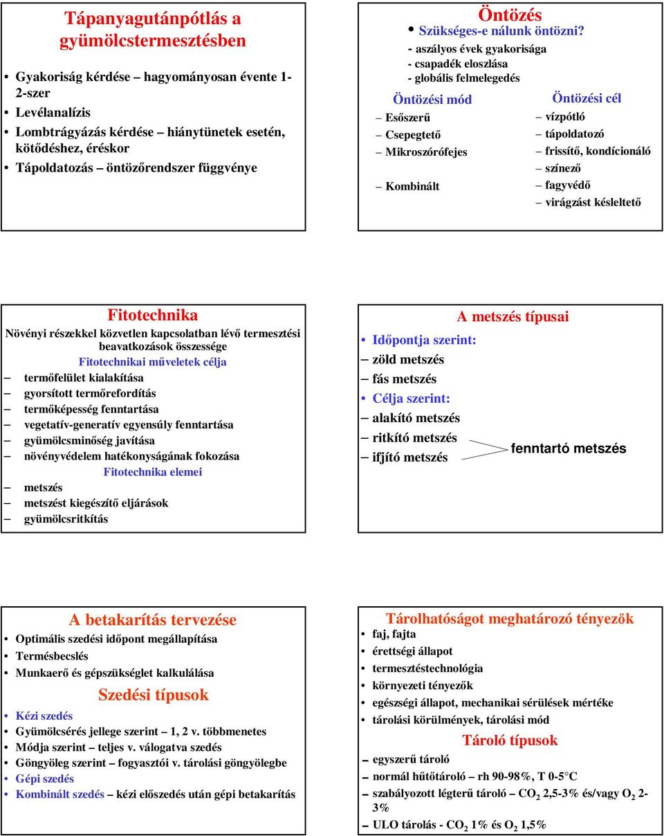 - aszályos évek gyakorisága - csapadék eloszlása - globális felmelegedés Öntözési mód Esőszerű Csepegtető Mikroszórófejes Kombinált Öntözés Öntözési cél vízpótló tápoldatozó frissítő, kondícionáló