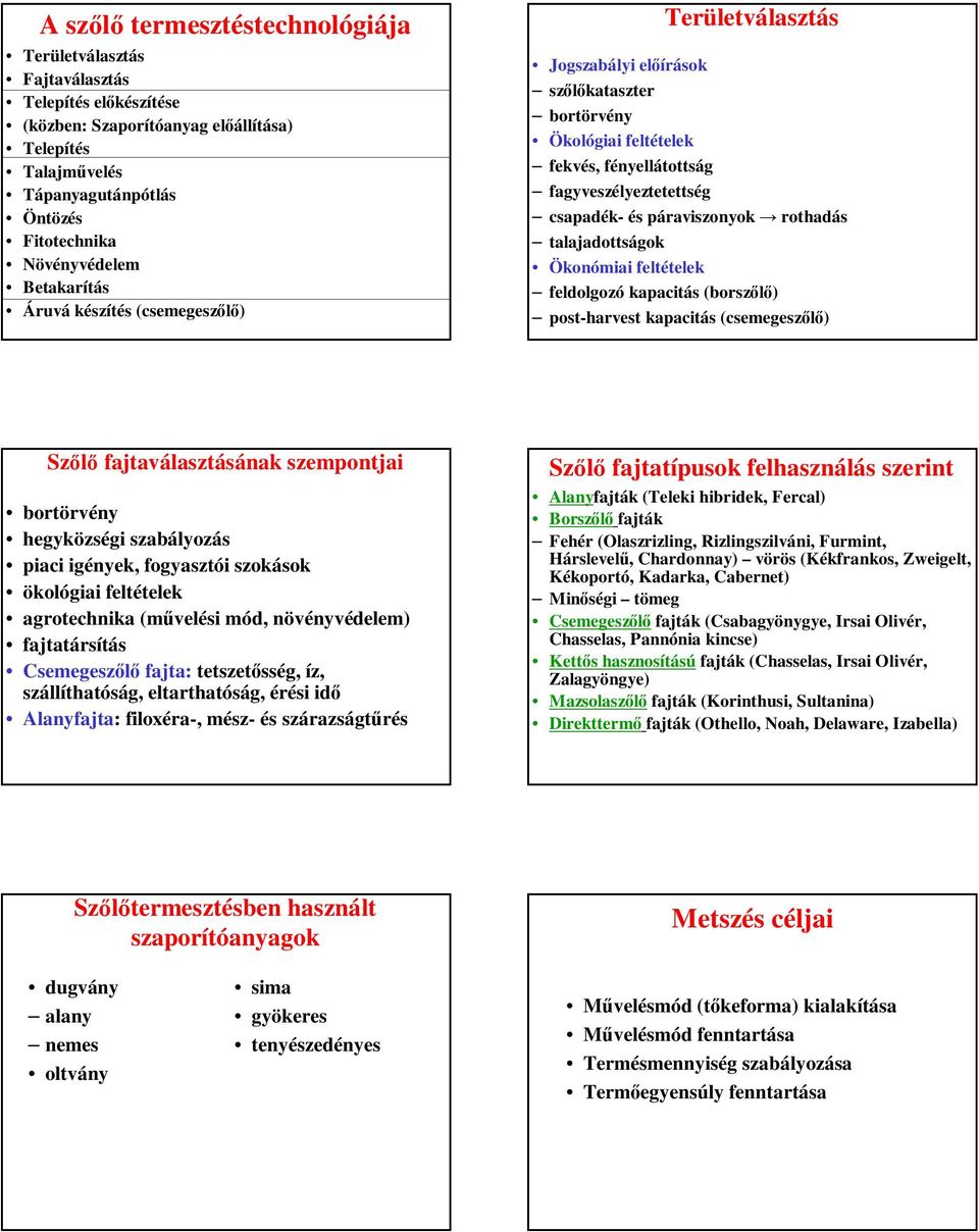 és páraviszonyok rothadás talajadottságok Ökonómiai feltételek feldolgozó kapacitás (borszőlő) post-harvest kapacitás (csemegeszőlő) Szőlő fajtaválasztásának szempontjai bortörvény hegyközségi